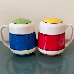 Hallmark Ceramic Salt and Pepper Mugs - Blue & Red with Green and Yellow Tops